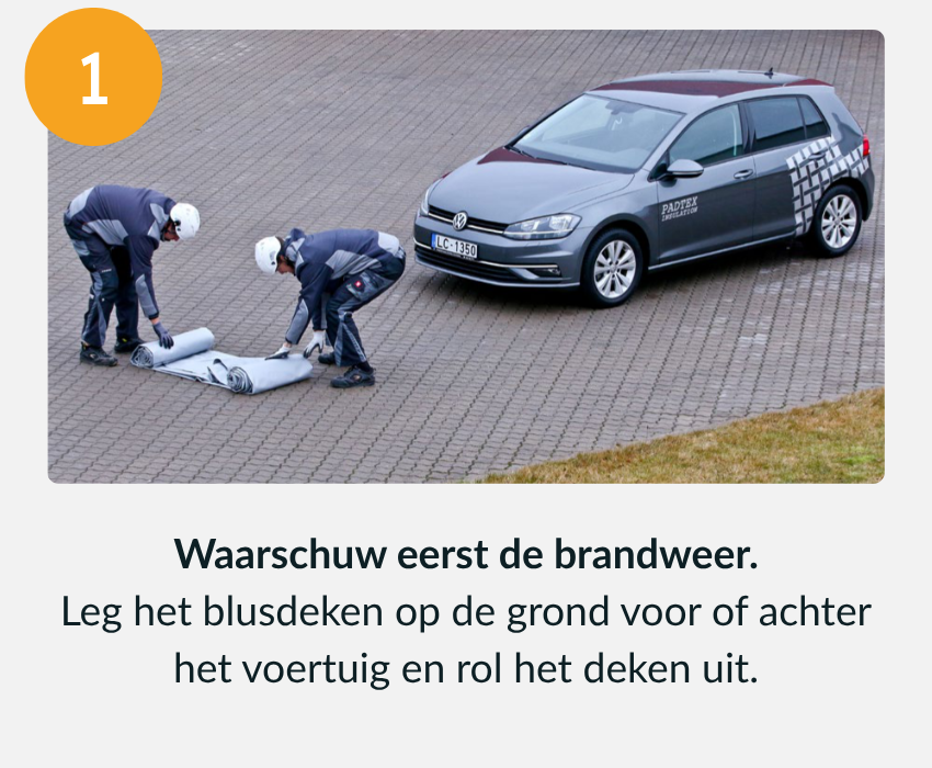 Gebruiksaanwijzing stap 1 voor het gebruiken van een branddeken voor brandende elektrische auto's