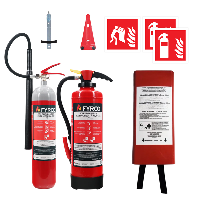 basispakket met een schuimbrandblusser en CO2-brandblusser en accessoires voor horecazaken