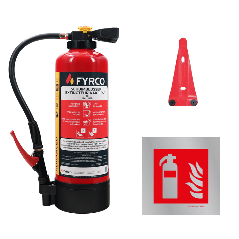 Voordeelbundel met schuimbrandblusser fluorvrij 6l intern patroon, muurbeugel en aluminium pictogram