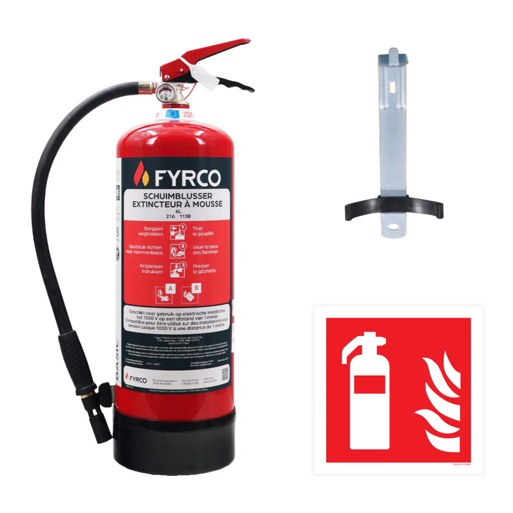 Voordeelbundel met schuimbrandblusser fluorvrij 6l onder permanente druk, muurbeugel en pictogram pvc